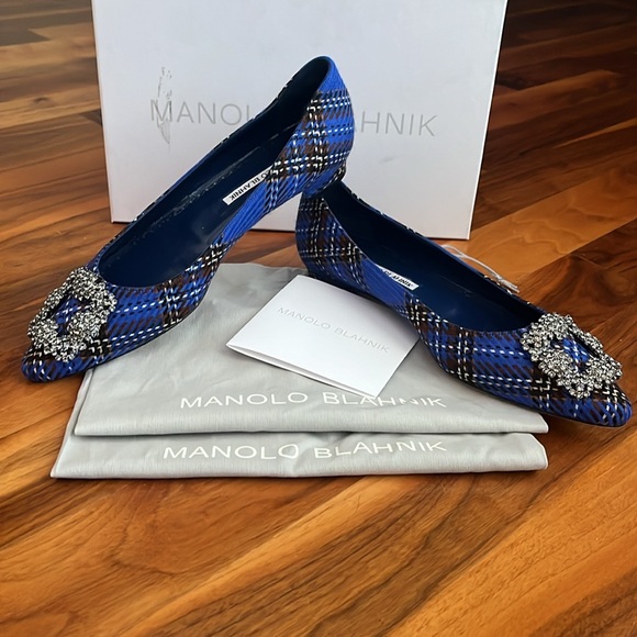 Manolo blahnik Hangisi Chrystal Buckle Wool Flats, NEW - Picture 6 of 17